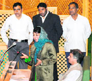PDP chief Mehbooba Mufti speaks in the state Assembly in Srinagar on Thursday.