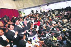 A lawyer briefs mediapersons on the Ayodhya verdict at the media centre in Lucknow