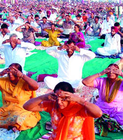 People practise yoga during a yog shivir of Baba Ramdev in Amritsar on Friday