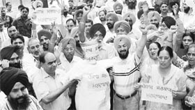 Employees at Mohali District Administrative Complex protest in support of their demands on Friday.