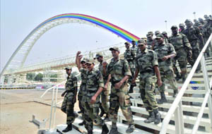 Armymen near the rebuilt bridge at the JN Stadium in New Delhi on Friday.