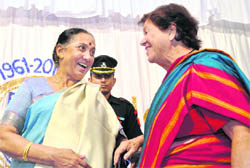 Uttarakhand Governor Margaret Alva with Principal Mann at the 50th anniversary function of Carman School in Dehradun on Friday. 