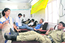 NCC cadets donate blood at a camp at Doon Hospital in Dehradun on Friday.