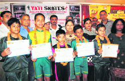 Skaters who won medals at the National Skating Competition in Bangalore recently being felicitated in Dehradun on Friday.