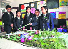 Students of Monal Public School exhibit their work in Shimla on Friday. 