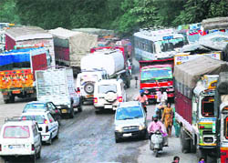 A view of the traffic jam on the National Highway-22. 