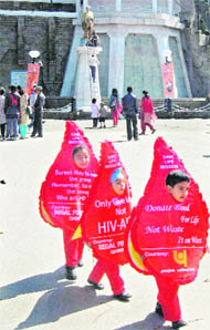 Students dressed as blood drops take part in an awareness campaign on National Voluntary Blood Donation Day in Shimla on Friday.