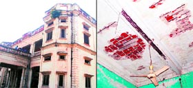 The dilapidated building of the Institute of Music and Fine Arts; and (right) the crumbling roof of one of its classrooms.