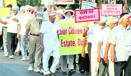 Senior citizens take part in a rally in Ludhiana on Friday