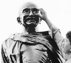 Finishing touches being given to the statue of Mahatma Gandhi on the eve of Gandhi Jayanti celebrations in Hyderabad on October 1.