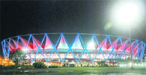 The illuminated Jawaharlal Nehru stadium