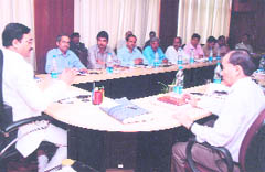 Uttarakhand Chief Minister Ramesh Pokhriyal Nishank at a meeting with the Central assessment team in Dehradun