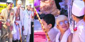 Students take part in a peace rally at JK Montessori Senior Secondary School in Jammu on Saturday; and (right) a student dressed up as Mahatma Gandhi at Mubarak Mandi.