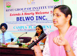 Rasneet Kaur, chief coordinator, speaks during a placement drive at RIMT Institutes in Mandi Gobindgarh on Saturday