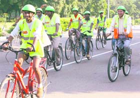 Students of the University Institute of Engineering Technology (UIET) take out a cycle rally