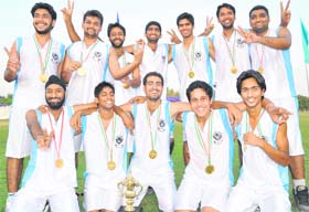 Winners in a jubilant mood after winning the netball championship in Chandigarh
