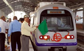 A Metro train being flagged off from Central Secretariat for Sarita Vihar Metro station in New Delhi on Sunday morning.