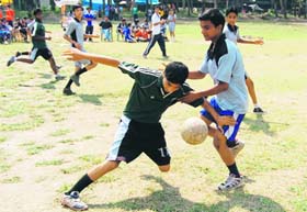 A match of the District Handball Championship under way in Dehradun