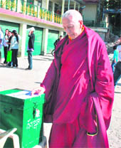 Tibetan PM-in-exile Samdhong Rinpoche casts his vote at McLeodganj on Sunday.