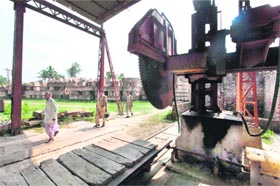 A stone-cutting machine at Ram Janmabhoomi Karyashala installed for the construction of Ram temple, in Karsewakpuram in Ayodhya on Sunday.