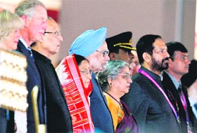 (L-R) Duchess of Cornwall Camilla Parker Bowles, Prince Charles, Devi Singh Shekhawat, President Pratibha Patil, Prime Minister Manmohan Singh and his wife Gursharan Kaur at the opening ceremony.