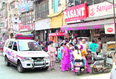 A PCR vehicle parked in the middle of the road in Field Gunj, Ludhiana, on Sunday. 