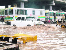 The waterlogged road under the bus stand flyoverin Patiala.
