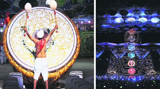 A drummer all set to play on Sunday;An illumintated figure in the lotus pose.