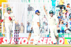 Australian players celebrate Sachin Tendulkars dismissal for 98 at the PCA stadium in Mohali on Sunday.