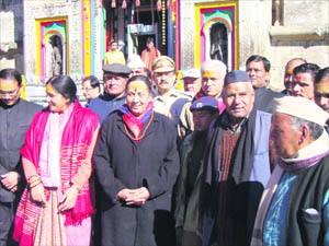Uttarakhand Governor Margaret Alva at the Kedarnath temple during her visit to Rudraprayag district on Monday. 