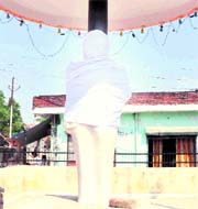 A vandalised statue of Baba Bhim Rao Ambedkar at Jwalapur in Haridwar on Monday.