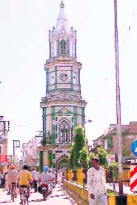 The Clock Tower, with a crown-shaped top, in the main bazar in Faridkot