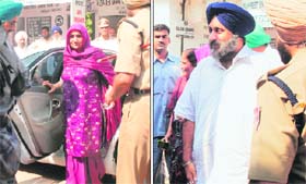 Surinder Kaur Badal, the wife of Punjab Chief Minister Parkash Singh Badal, and Deputy Chief Minister Sukhbir Singh Badal at the Mohali District Courts