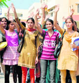 BBA students of Government College for Girls, Sector 14, protest in Panchkula on Tuesday. 