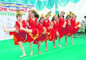 Girls perform a group dance at the opening ceremony of a social science exhibition-cum-national integration camp at Kendriya Vidayalaya, FRI, Dehradun