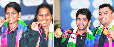  Anisa Sayeed (L) and Rahi Sarnobat after winning 25m pistol event; Abhinav Bindra and Gagan Narang got gold in 10m air rifle pairs event.