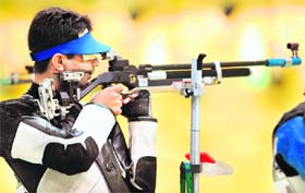 Abhinav Bindra competes in the mens Pairs 10m Air Rifle shooting event in New Delhi