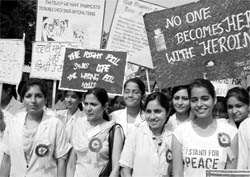 Students of the department of pharmaceutical sciences and drugs hold an awareness rally at Punjabi University, Patiala, on Wednesday