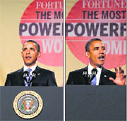 US President Barack Obama speaks before (L) and after the Presidential Seal fell off and hit the stage during his remarks at the 2010 Fortune Most Powerful Women Summit in Washington. Obama stopped speaking for a while, but continued with his remarks despite the seals fall.