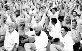 Ministerial staff of the Punjab Government protest against their pending demands on Dussehra ground in Mohali on Thursday.