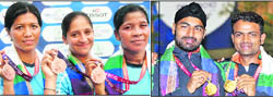 Jhano Hansdah, Gangadeep Kaur of Patiala and Bheigyabati Chanu win bronze in archery team event; (Right) Gurpreet Singh of Amritsar and Vijay Kumar from Hamirpur with their golds in 25m pistol shooting event 