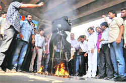 BJYM activists burn an effigy of AICC general secretary Rahul Gandhi in Ludhiana on Thursday. 