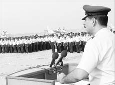 Air Officer Commanding, 12 Wing, Air Cmde Rajeev Sachdeva addresses IAF personnel on the occasion of the 78th Air Force Day in Chandigarh on Friday.