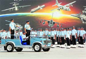 Air Chief Marshal PV Naik inspects a parade of IAF personnel on the 78th anniversary of Indian Air Force at Hindan on Friday.