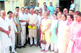 BJP leaders and workers outside the Divisional Commissioners office in Jammu where they submitted a memorandum on Friday
