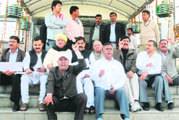 MLAs belonging to the opposition BJP and the J&K National Panthers Party stage a dharna in front of the state Assembly complex in Srinagar on Friday