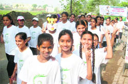 Students take part in a marathon at Tagore International Senior Secondary School, Sahnewal, on Friday. 