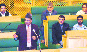 Finance and Planning Minister Abdul Raheem Rather speaks on the concluding day of the Assembly session in Srinagar on Saturday.