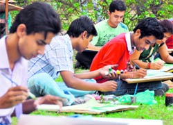 Students take part in a painting competition during a youth festival at SCD Govt College in Ludhiana on Saturday