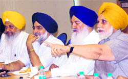 (From left) Hira Singh Gabria, Sikander Singh Maluka, Ajit Singh Kohar and Janmeja Singh Sekhon during the district presidents meeting at the SAD office in Chandigarh on Saturday